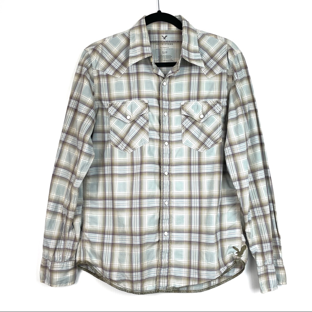 American Eagle Blue & Brown Plaid Western Style Button Down Shirt Size Small
